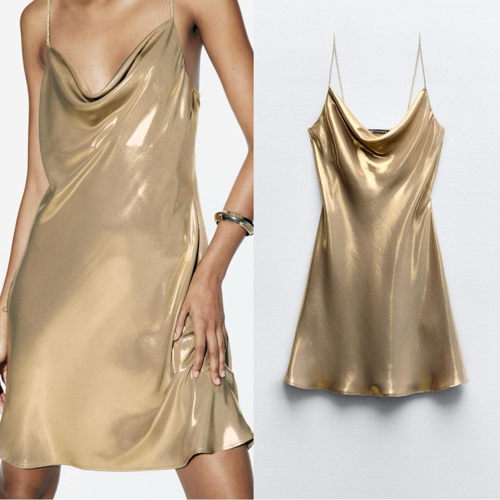NEW Zara fold gold metallic mini dress